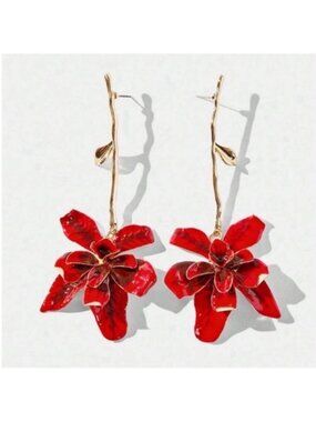 New! Zara Red Stem Flower Statement Earrings (2012)  NWOT